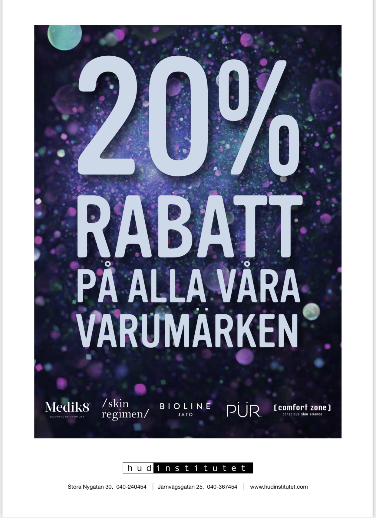 Gäller 25-26/1! Det går även att beställa via mail: info@hudinstitutet.com, betala med Swish och hämta när det passar eller få din leverans direkt till dörren med bud. Alla dina tidigare köp finns i vårt register och som vanligt får du ytterligare 10% i rabbatt som bonus på ditt nästa köp eller behandling! Gäller 25-26/1! Det går även att beställa via mail: info@hudinstitutet.com, betala med Swish och hämta när det passar eller få din leverans direkt till dörren med bud. Alla dina tidigare köp finns i vårt register och som vanligt får du ytterligare 10% i rabbatt som bonus på ditt nästa köp eller behandling!